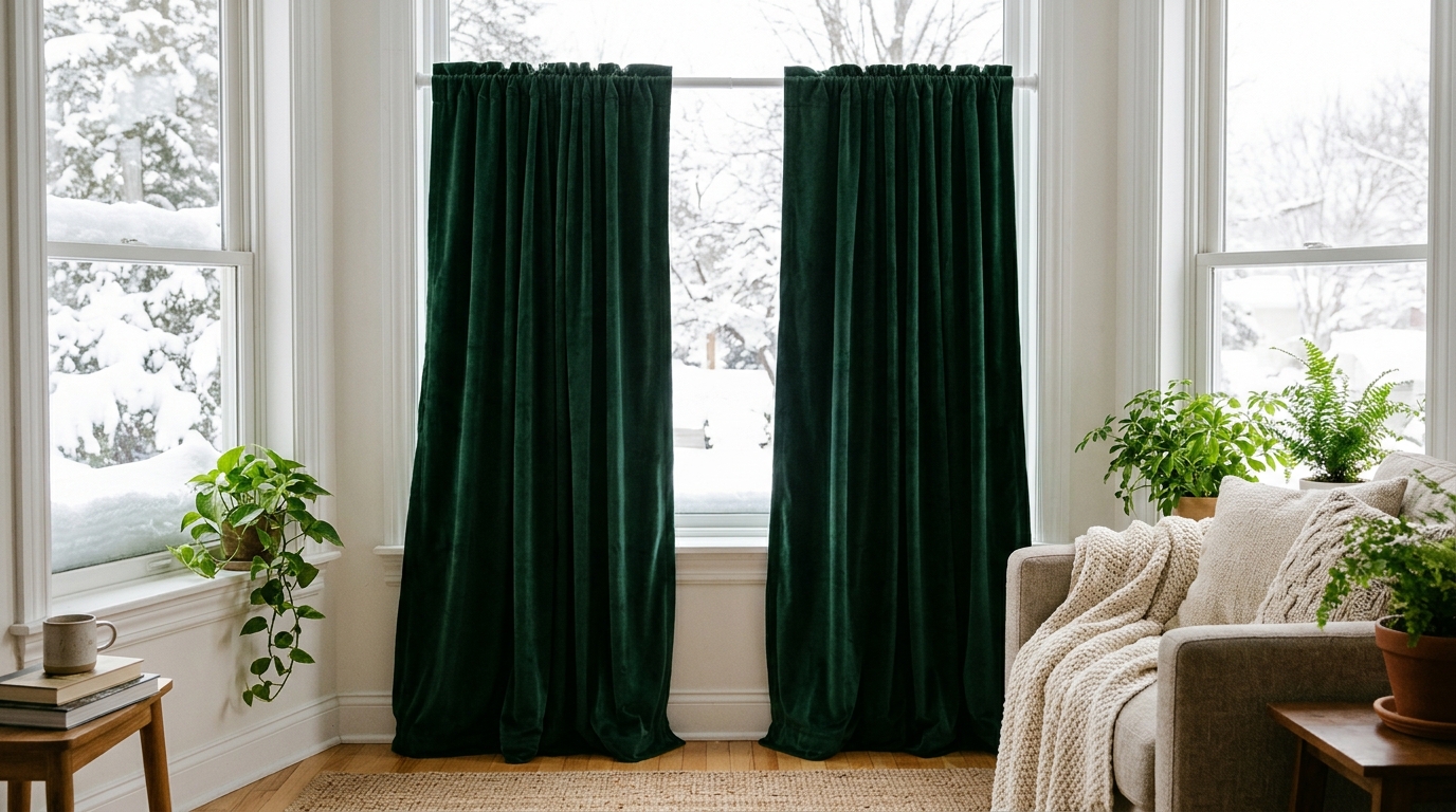 Heavy green velvet curtains on a tension rod in a winter window