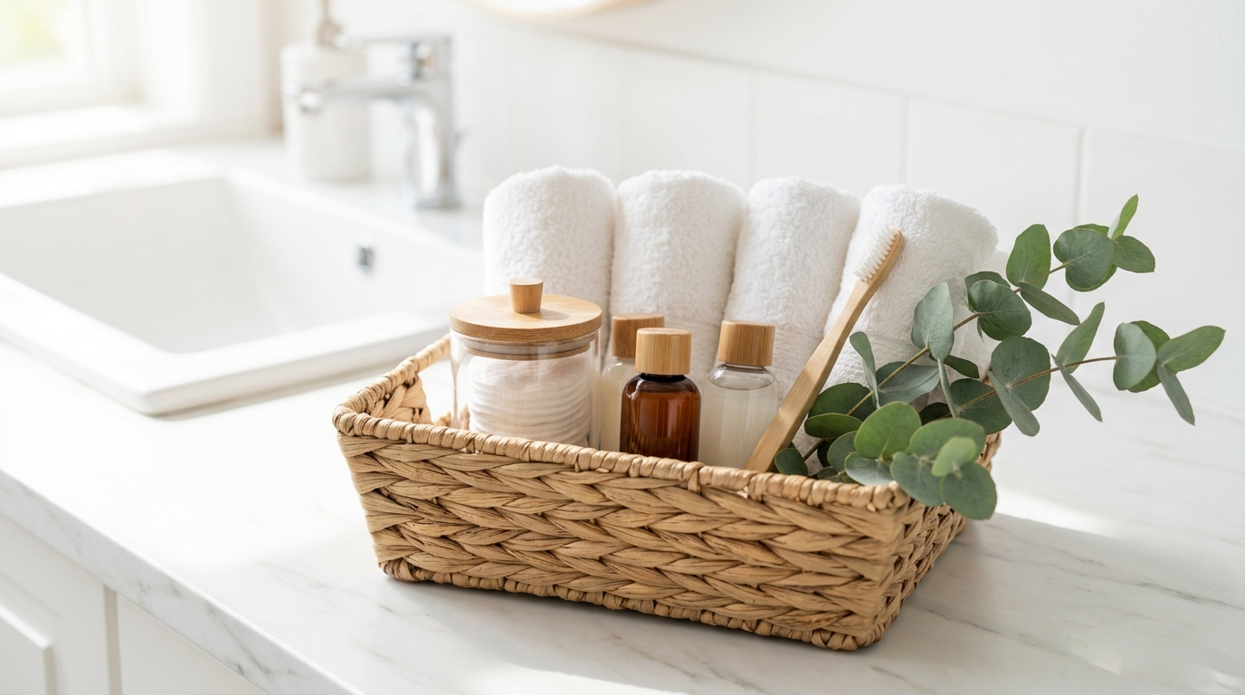 Woven basket of rolled towels and travel toiletries for overnight guests