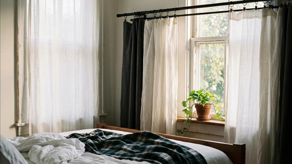 Cozy guest room ideas blackout panel clipped behind sheer curtains