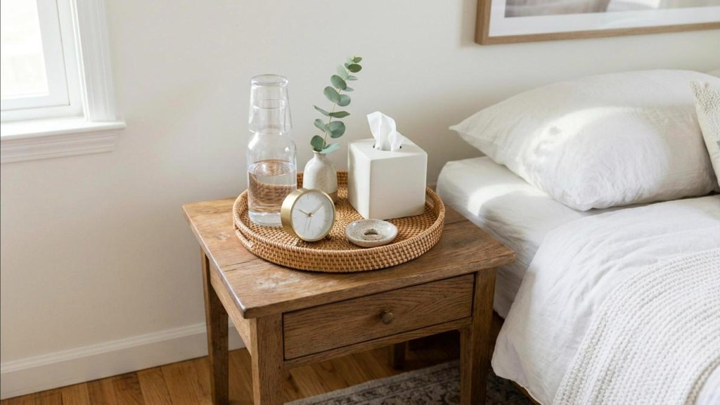 Cozy guest room ideas nightstand tray with water carafe, glass and tissues