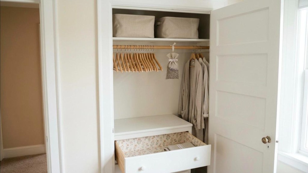 Cozy guest room ideas half empty closet with matching wooden hangers