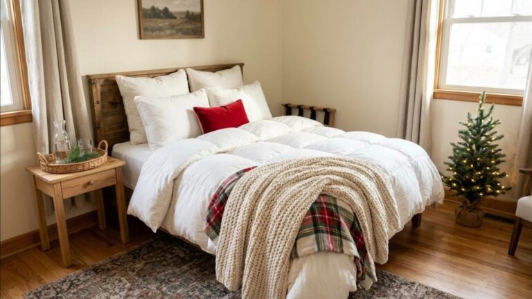 Cozy guest room ideas fluffy white cloud bed with knit throw and plaid blanket