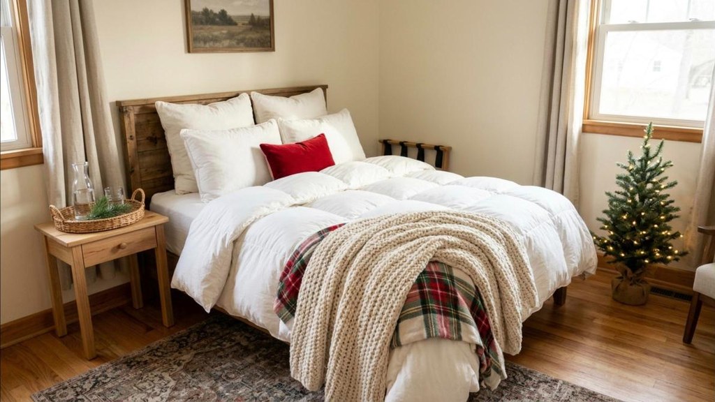 Cozy guest room ideas fluffy white cloud bed with knit throw and plaid blanket