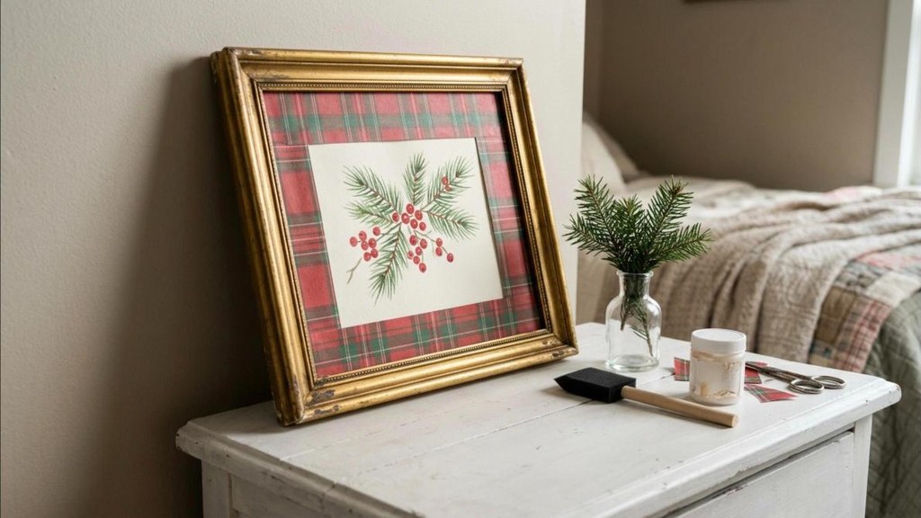 Cozy guest room ideas framed pine branch print with a decoupaged paper mat