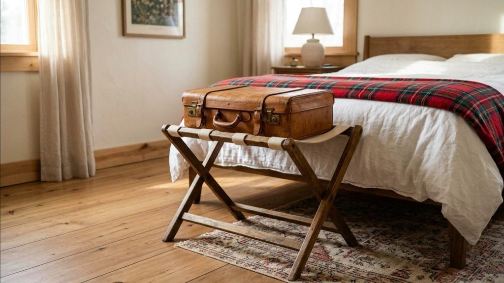 Wooden folding stool used as a luggage rack with a suitcase