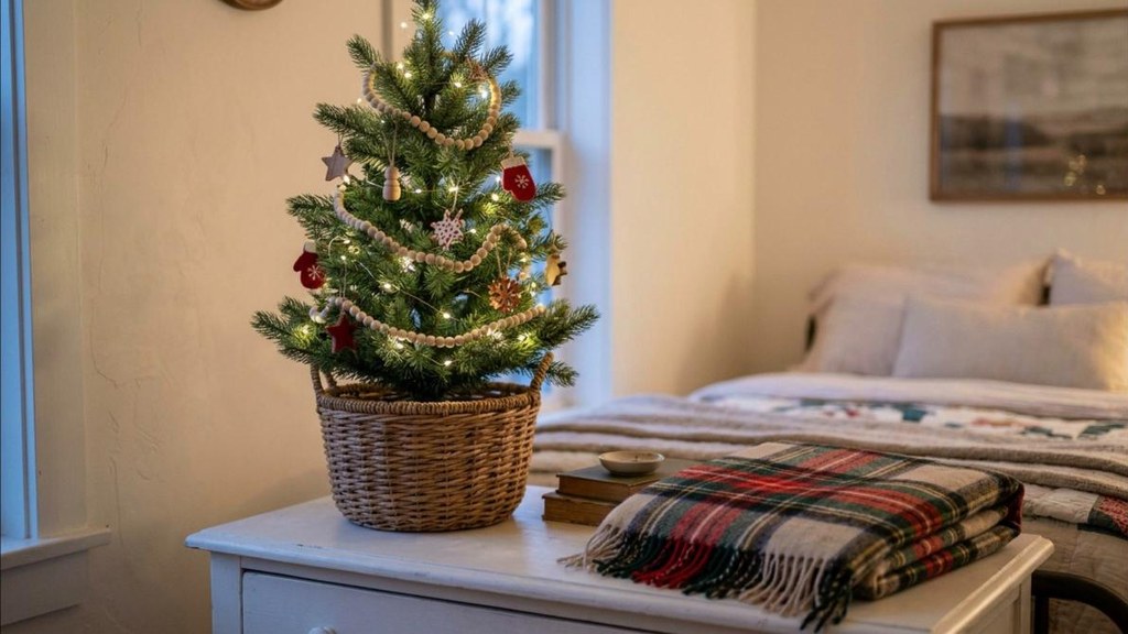 Cozy guest room ideas tabletop Christmas tree with fairy lights and wood beads