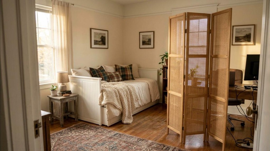 Home office turned into a guest space with a daybed and a folding screen