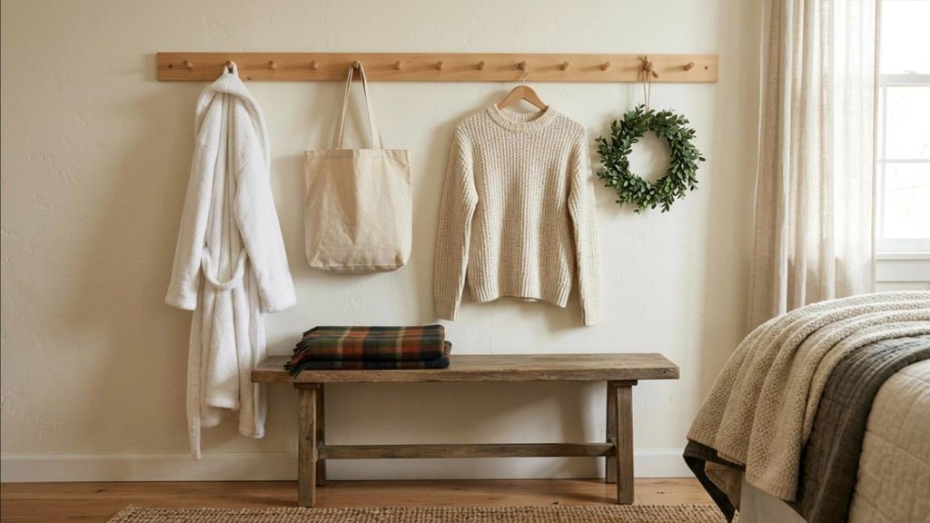 Wooden peg rail with a robe, a tote bag and a wooden hanger