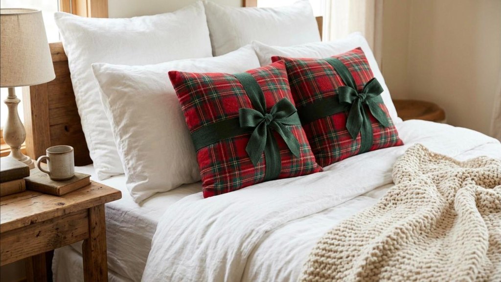 Plaid flannel pillow covers on a white guest bed