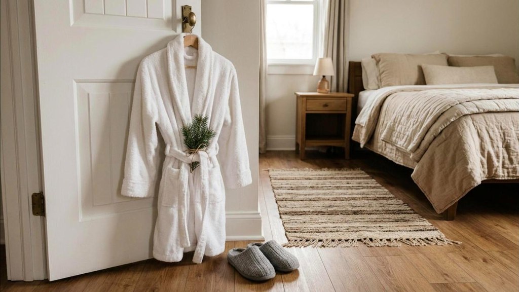 Fluffy white robe on a hook with slippers on the floor below