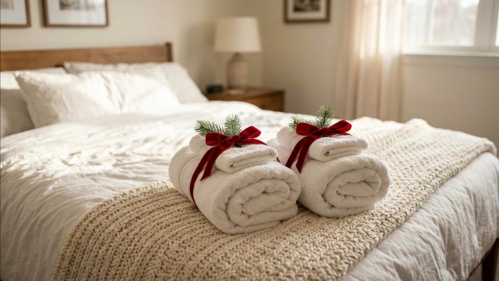 Cozy guest room ideas rolled white towels tied with red velvet ribbon and pine