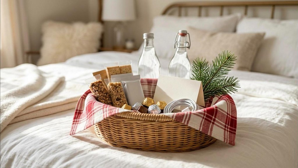 Welcome basket with snacks, water bottles and a phone charger on a guest bed