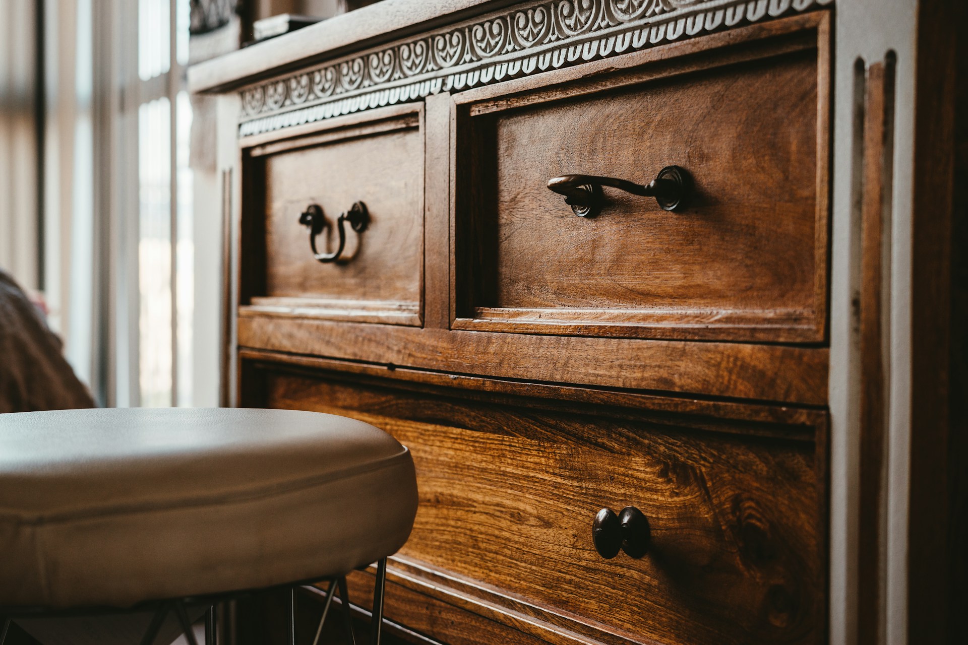 Vintage wooden chest of drawers with brass pulls