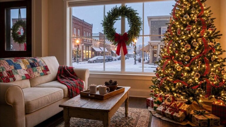 Hallmark Christmas movie decor living room with a plaid tree and a wreath with a red bow in the window