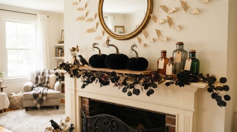 Halloween crafts for adults: black velvet pumpkins, apothecary bottles and book page bats on a cream mantel
