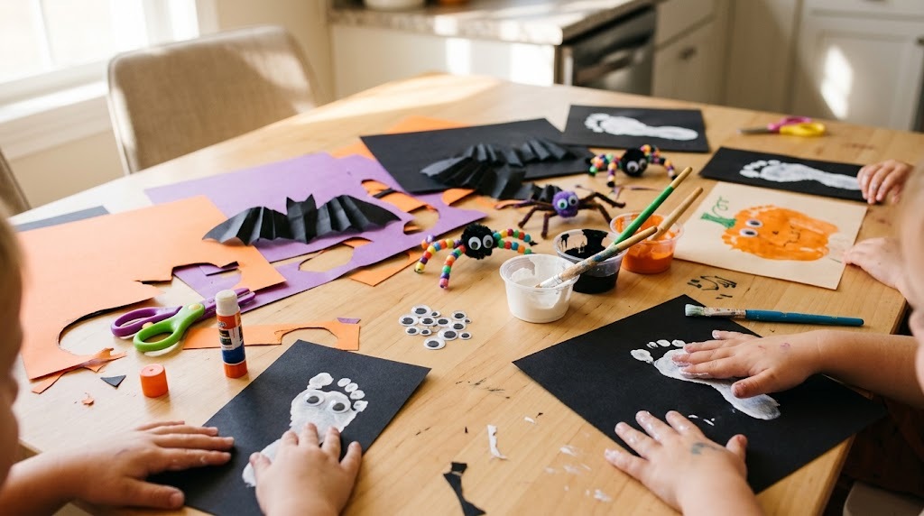 Halloween crafts for kids on a sunny kitchen table with footprint ghosts, paper bats and pipe cleaner spiders