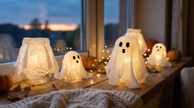 Halloween ghost crafts: tissue paper and cheesecloth ghost lamps glowing on a cozy windowsill at dusk with fairy lights