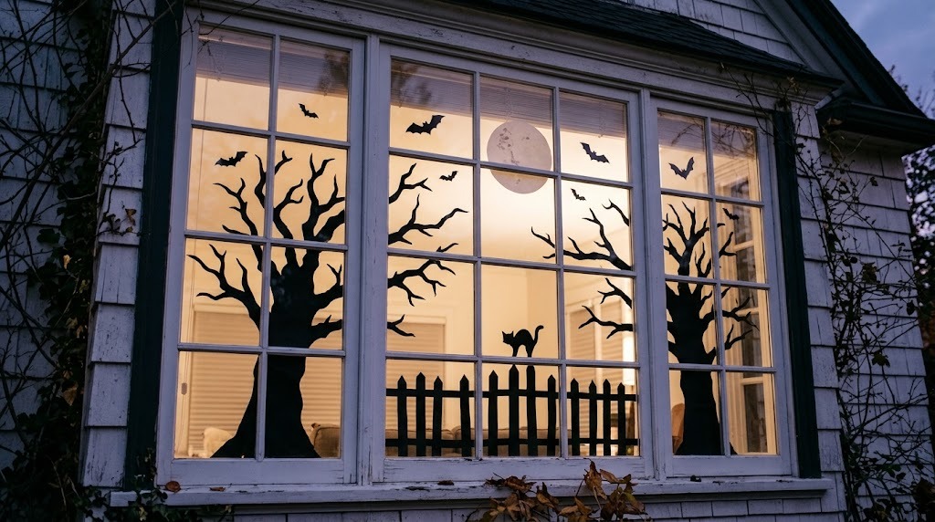 Martha Stewart Halloween window silhouettes of bare trees, bats and a black cat glowing at dusk