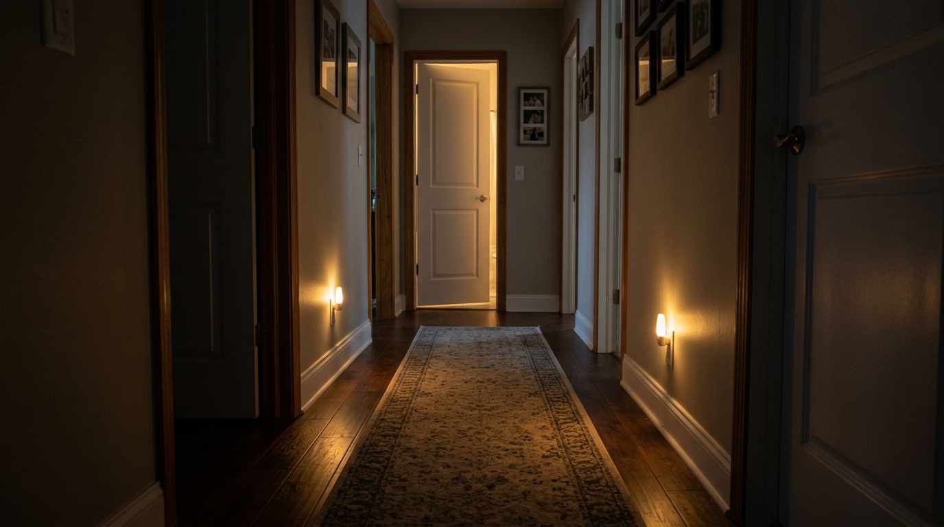 Before guests arrive hallway with warm plug in nightlights guiding the way