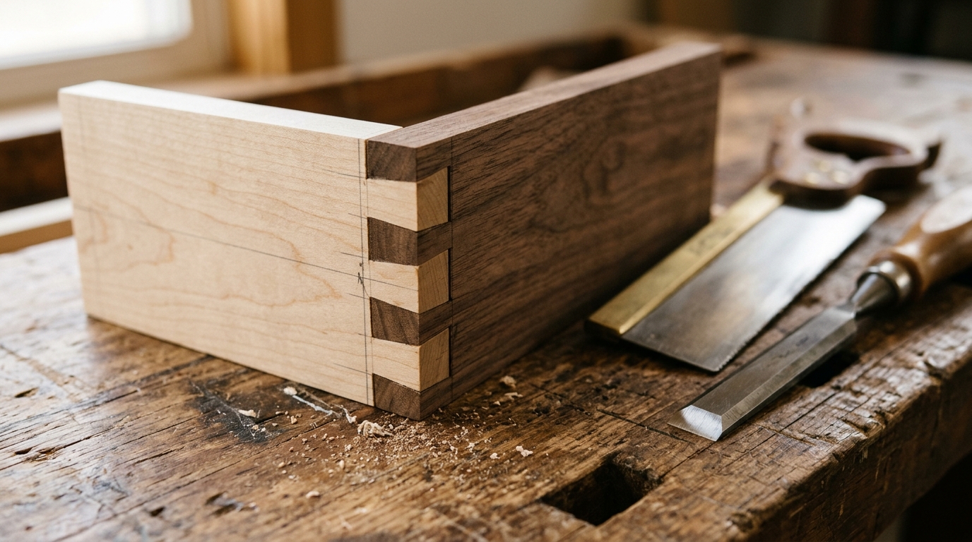 Hand cut maple and walnut dovetail joint with a saw and chisel