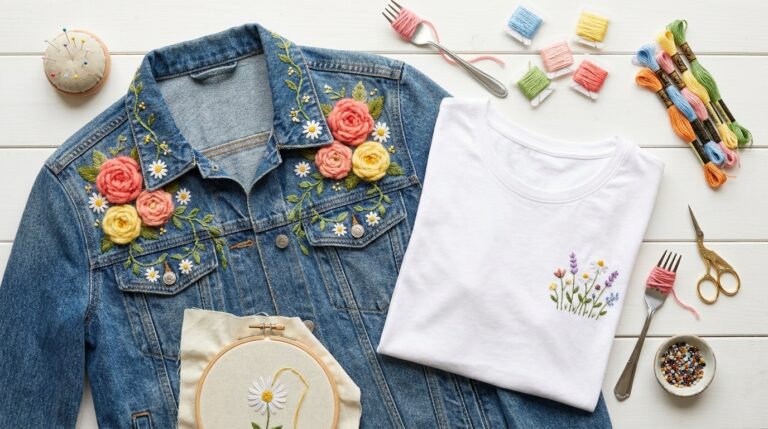 Hand embroidery tricks on a denim jacket with wool roses and daisies beside a white tee and thread