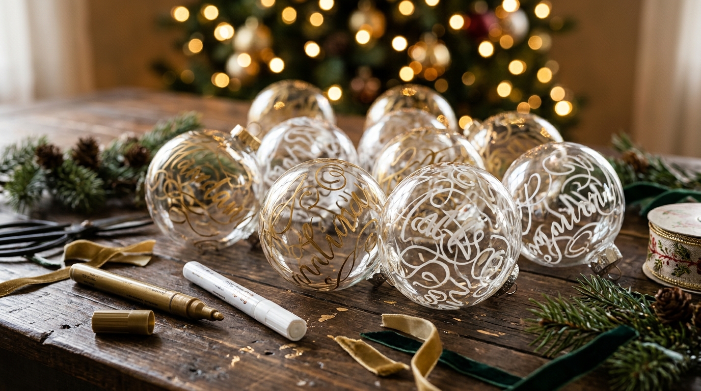 Clear glass ball ornaments decorated with white and gold paint pen lettering on a wooden table