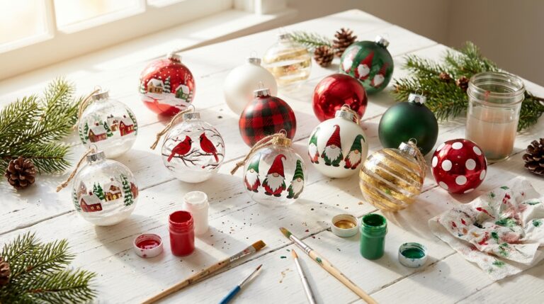 Hand painted ornaments with snowy villages, cardinals, plaid and gnomes on a white table with brushes
