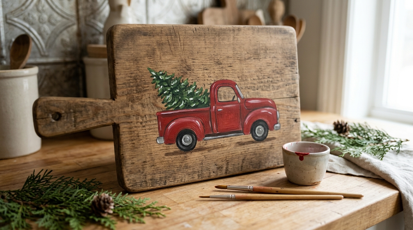 Red Truck Christmas Decor idea: a wooden cutting board hand painted with a red truck carrying a Christmas tree