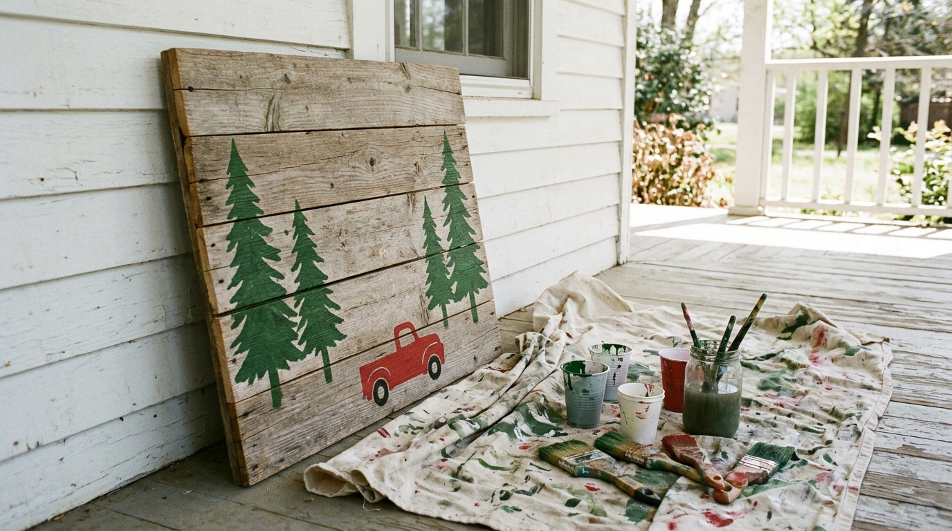 Taylor Swift Christmas tree farm sign painted with pine trees and a red truck