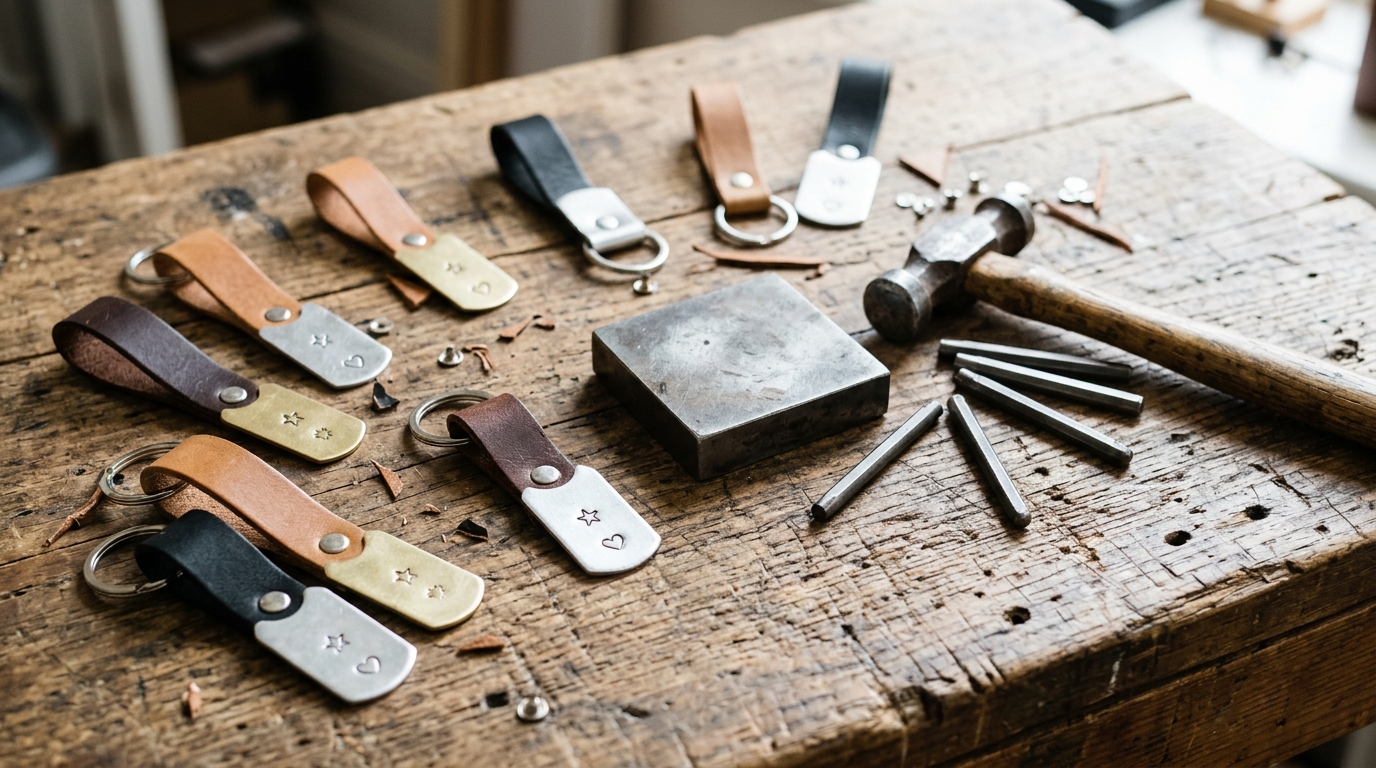 DIY stocking stuffers for adults: hand stamped metal and leather keychains on a workbench