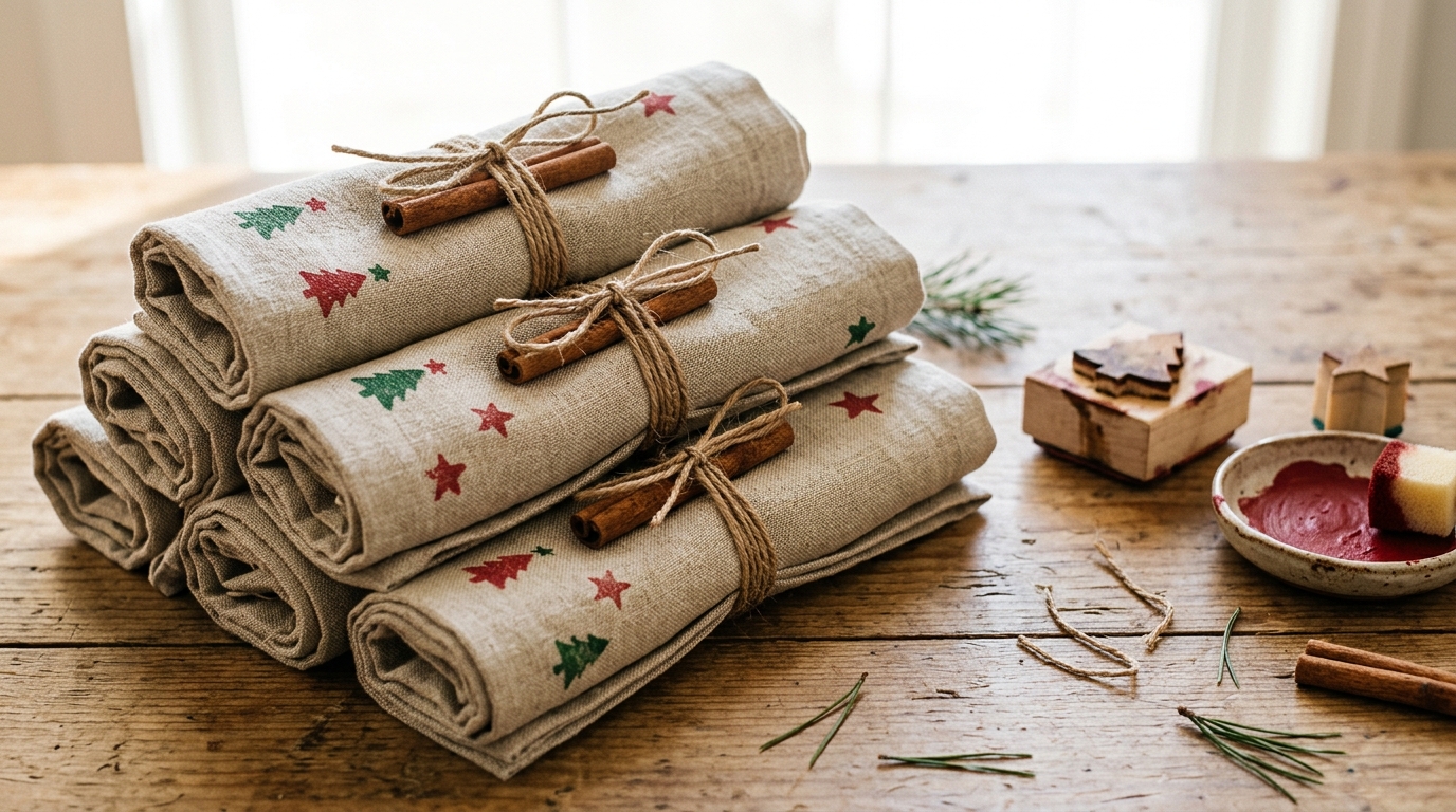 Rolled linen napkins stamped with tiny red and green trees and tied with cinnamon sticks