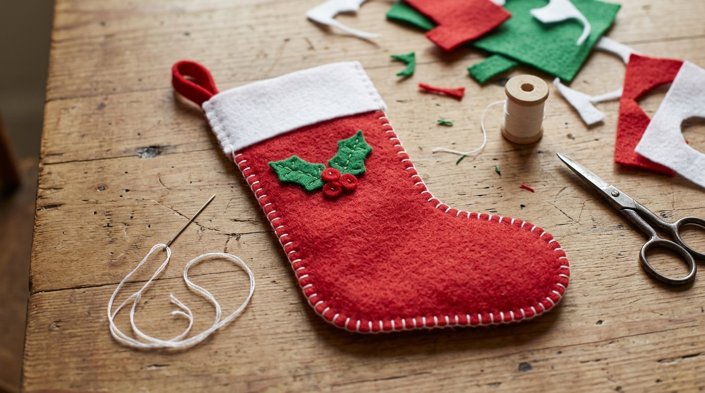 Red felt stocking with a white cuff and holly patch, stitched by hand