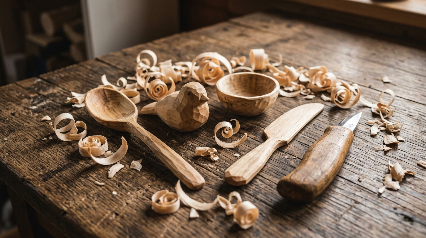 Hand whittled wooden spoon, bird, bowl and butter knife with wood shavings