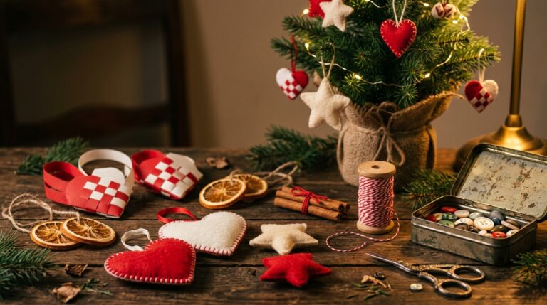 Handmade Christmas ornaments: red and white felt hearts, dried orange slices and twine on a rustic table with a small decorated tree