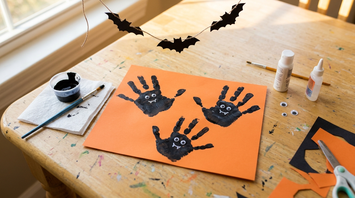 Handprint and footprint crafts: black handprint bats with googly eyes on bright orange card