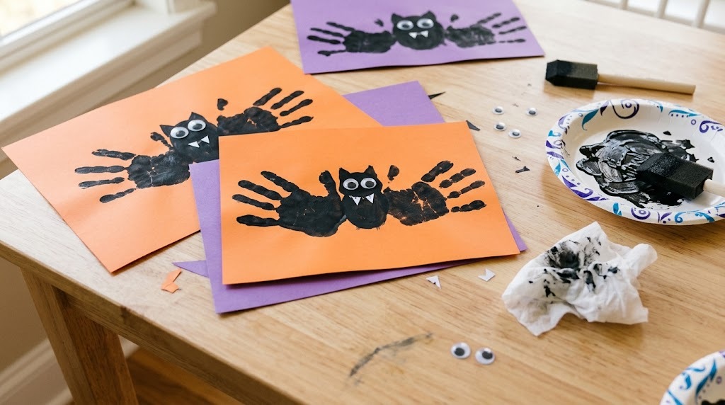 Halloween crafts for kids: black handprint bats with googly eyes on orange and purple paper