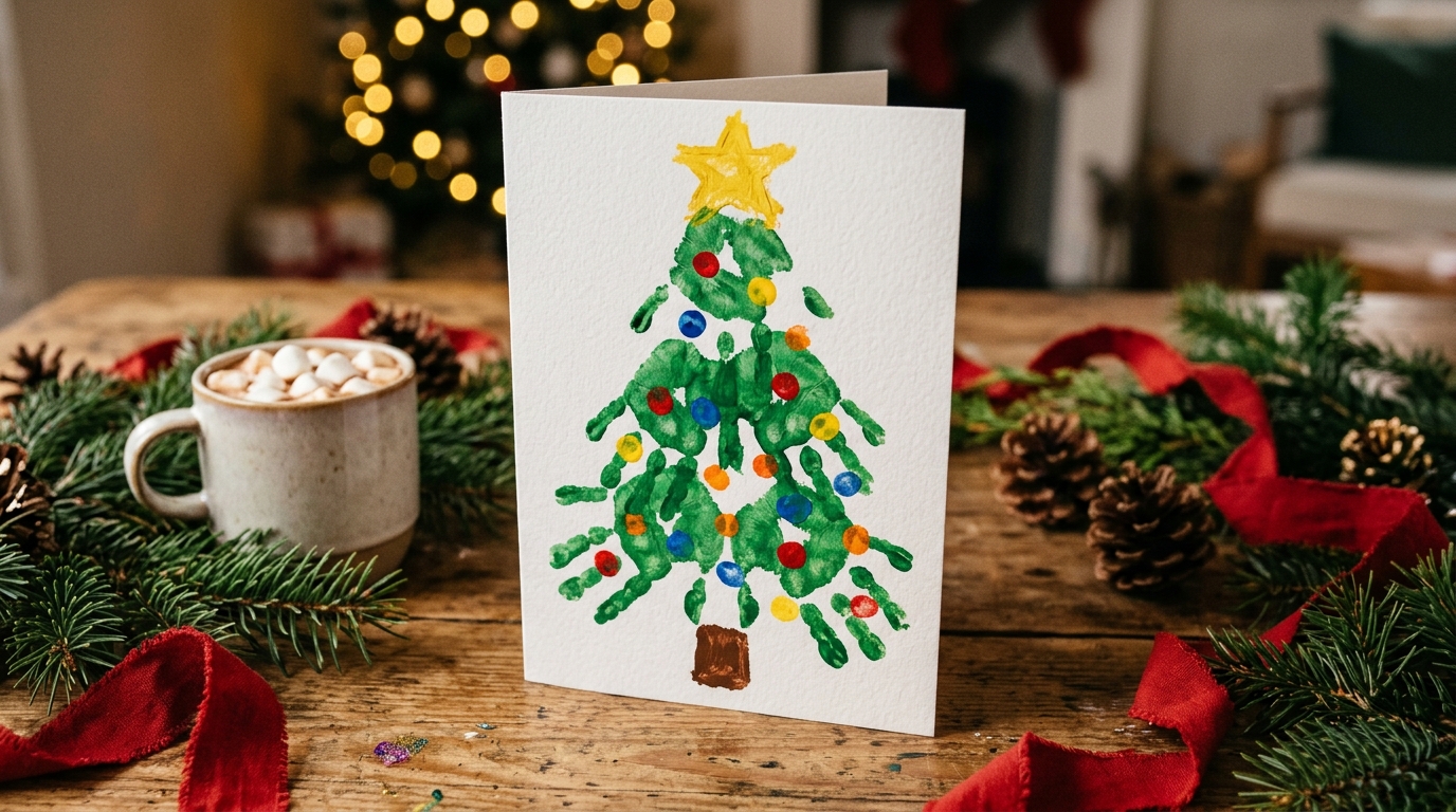 Handprint and footprint crafts: green handprint Christmas tree with fingerprint ornaments