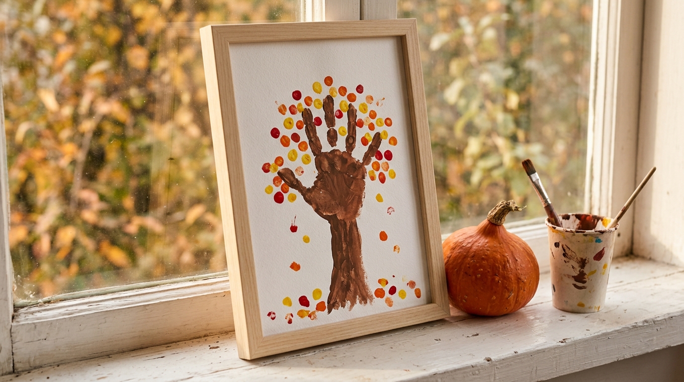 Handprint fall tree with fingerprint autumn leaves in a wood frame on a windowsill