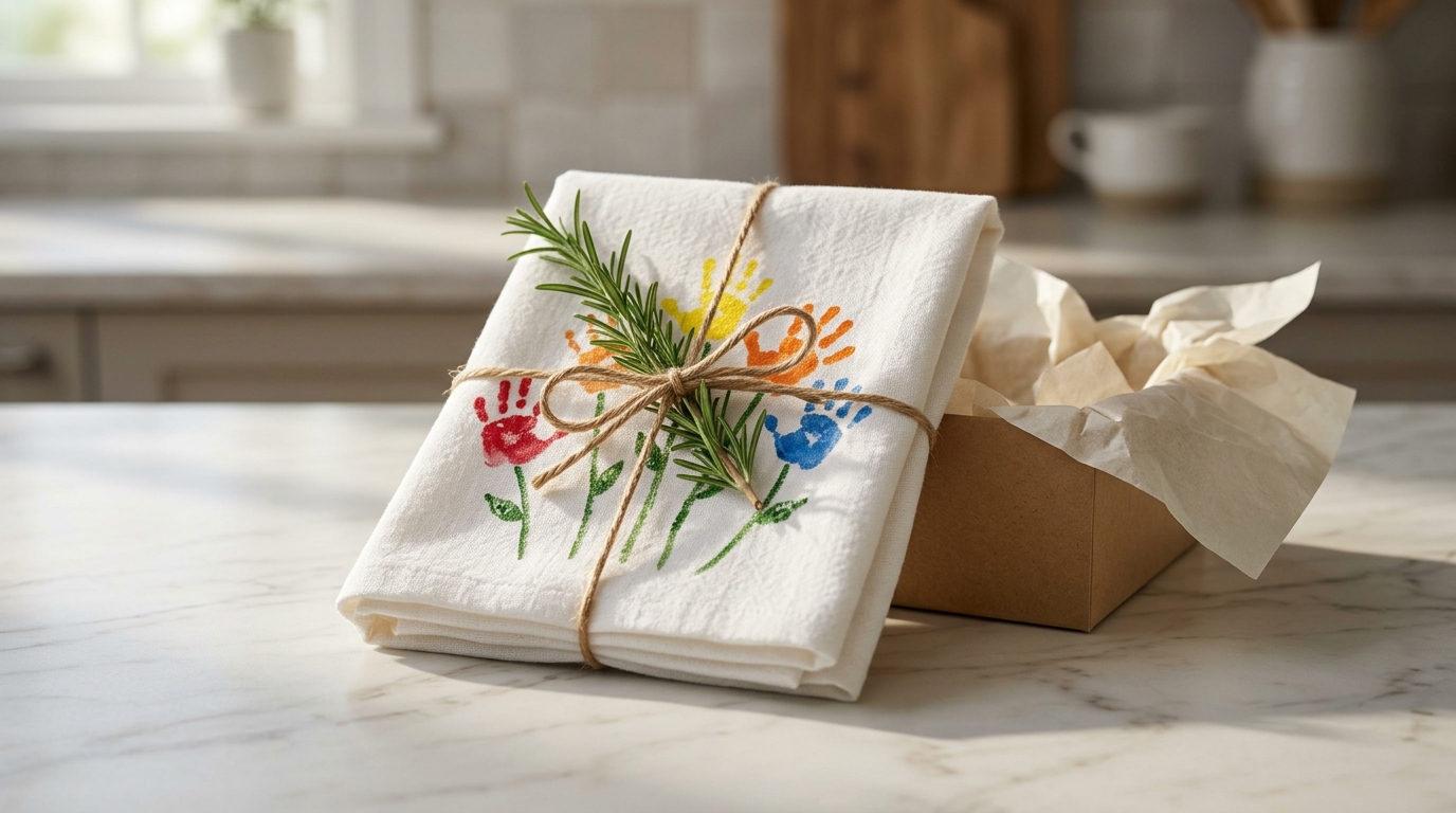 Handprint flower tea towel tied with twine and rosemary as a gift