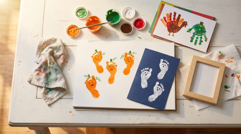 Handprint and footprint crafts: painted footprint pumpkins and ghosts with paint cups on a sunny white table