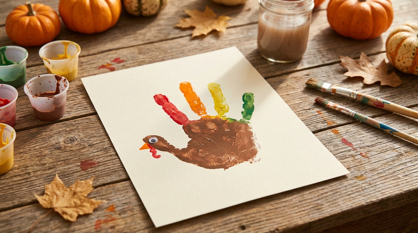 Handprint turkey with rainbow fall color finger feathers on cream paper