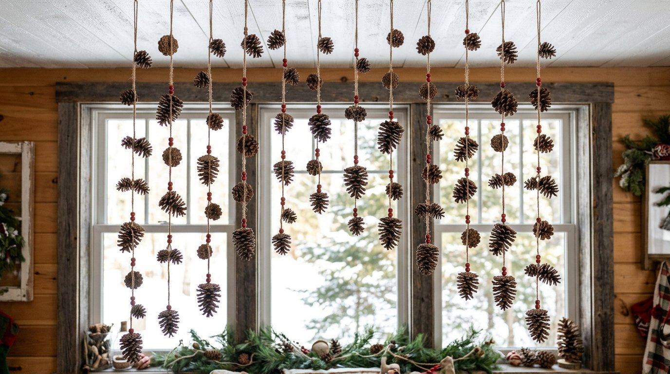 Strands of pine cones and red beads on jute twine hanging in front of a window