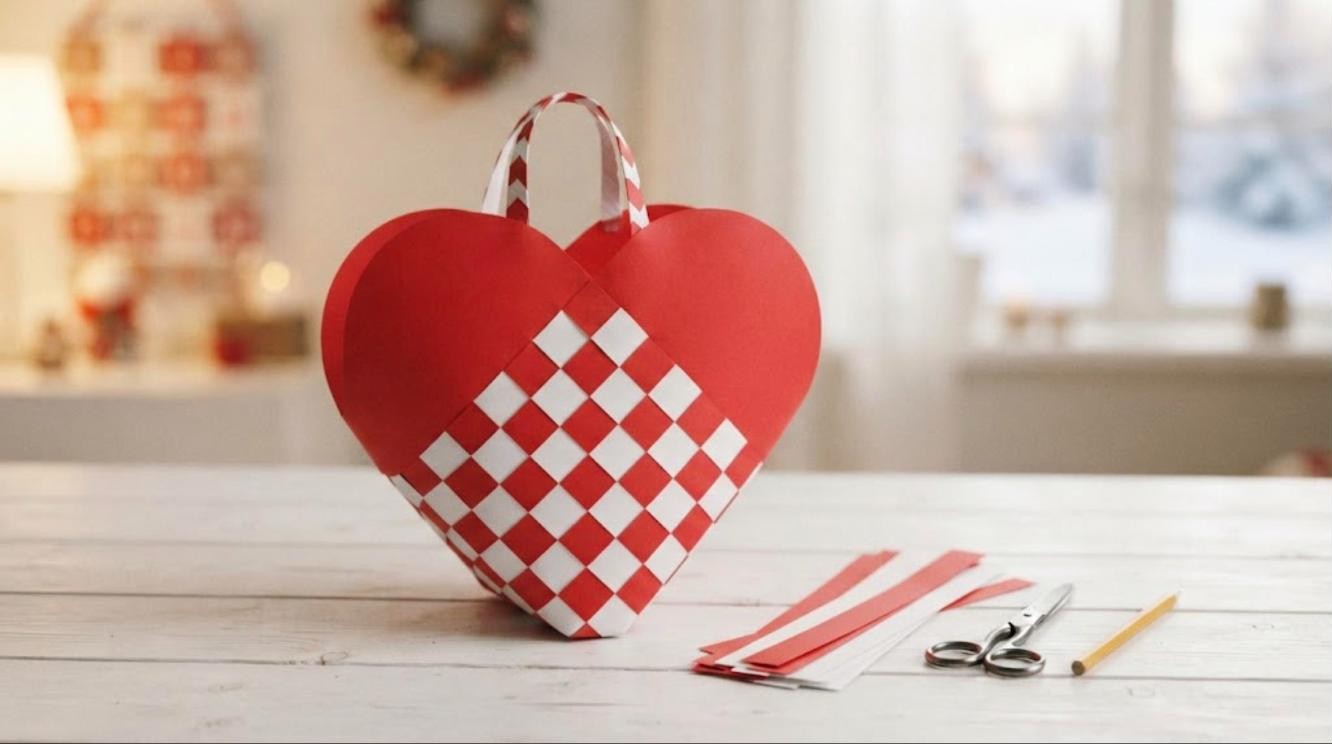 Large red and white woven paper heart basket on a white table with paper strips and scissors
