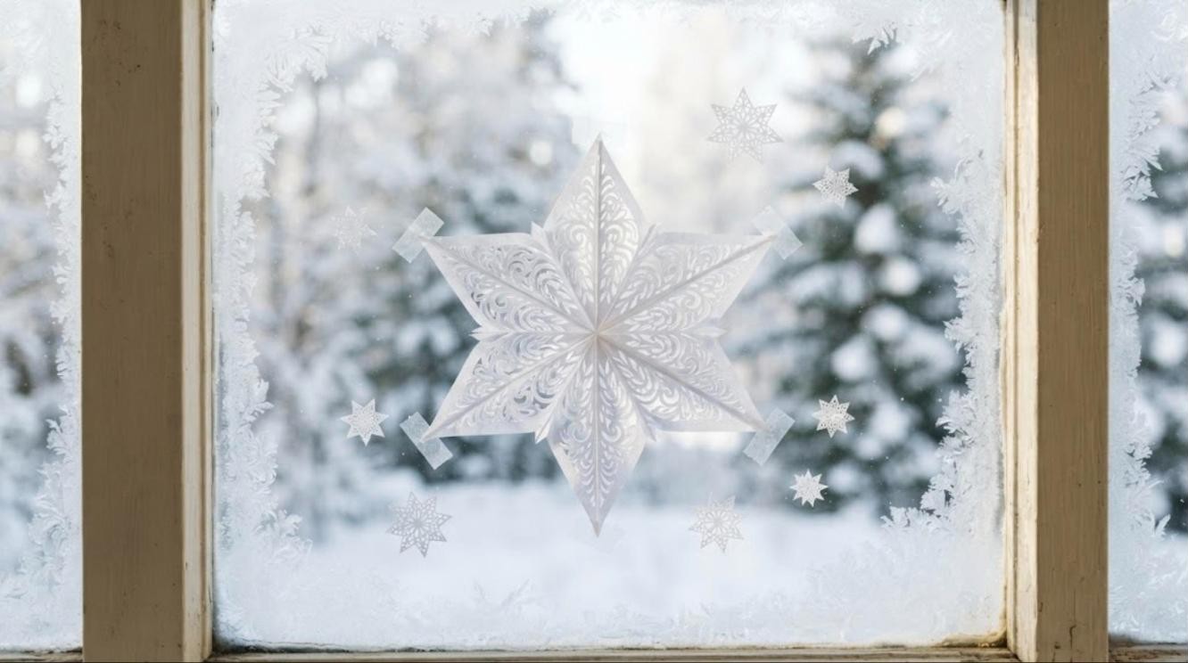 White paper cut Christmas star taped to a frosty window with small paper stars