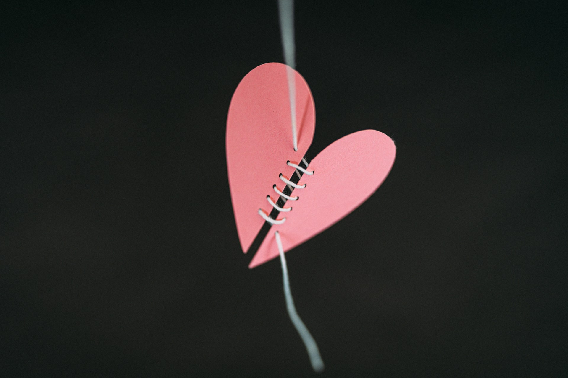 Hans Christian Andersen inspired pink paper heart sewn onto a long thread garland