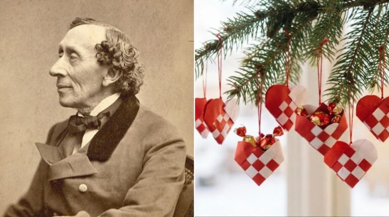 Hans Christian Andersen portrait beside red and white woven paper Christmas hearts on a fir branch