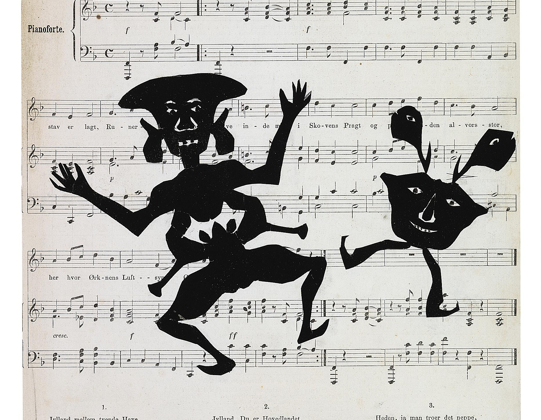 Hans Christian Andersen papercut of two dancing figures on a sheet of music