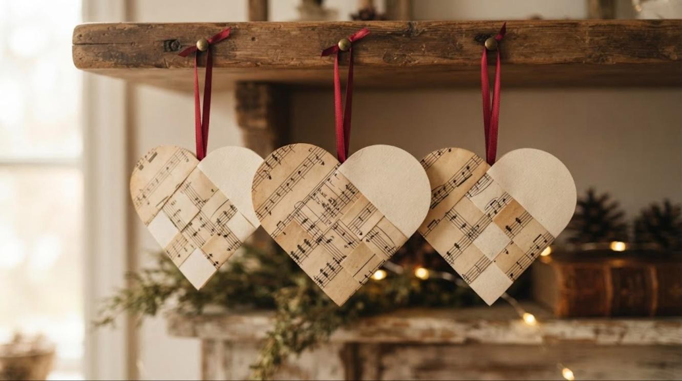 Hans Christian Andersen style woven paper hearts made from old sheet music hanging on red ribbons