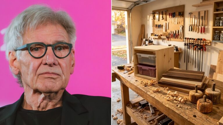 Harrison Ford carpenter story cover: Harrison Ford beside a sunny garage woodworking shop with a tote rack and cutting boards