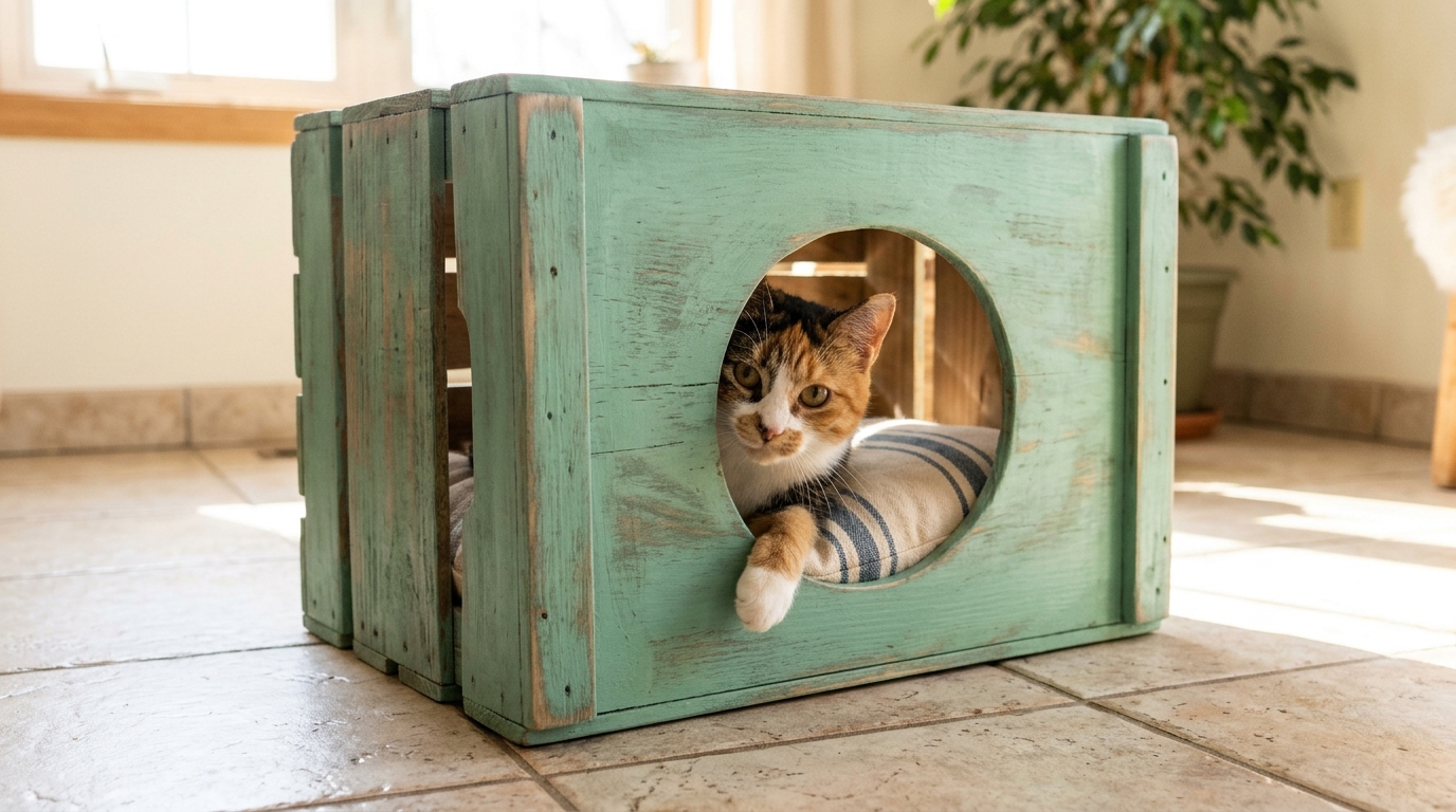 Ernest Hemingway cats style seafoam green wooden crate cat house with a round door